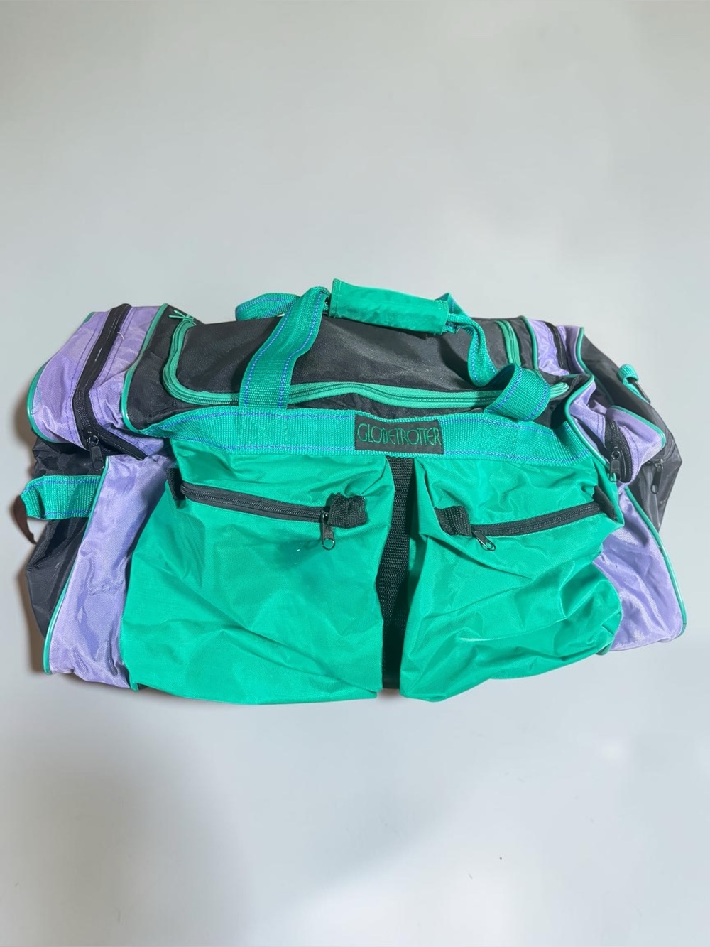 Vintage 90s Globe Trotter Duffle Bag Teal Purple Black Retro Travel Gym